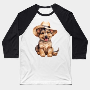 Watercolor German Shepherd Dog in Straw Hat Baseball T-Shirt